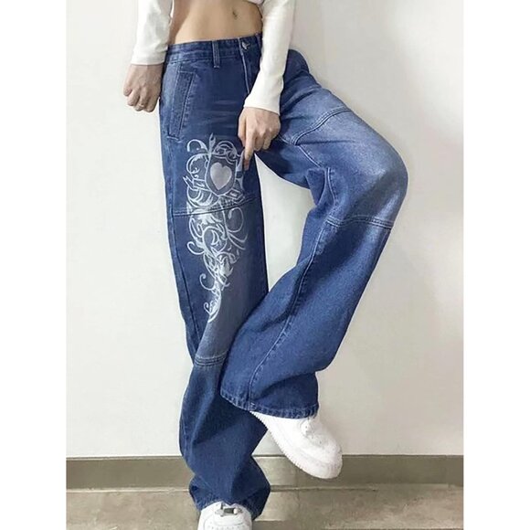 Women's Wide Leg Denim Cargo Pants Low Rise Heart Pattern Baggy Jeans - Picture 7 of 7